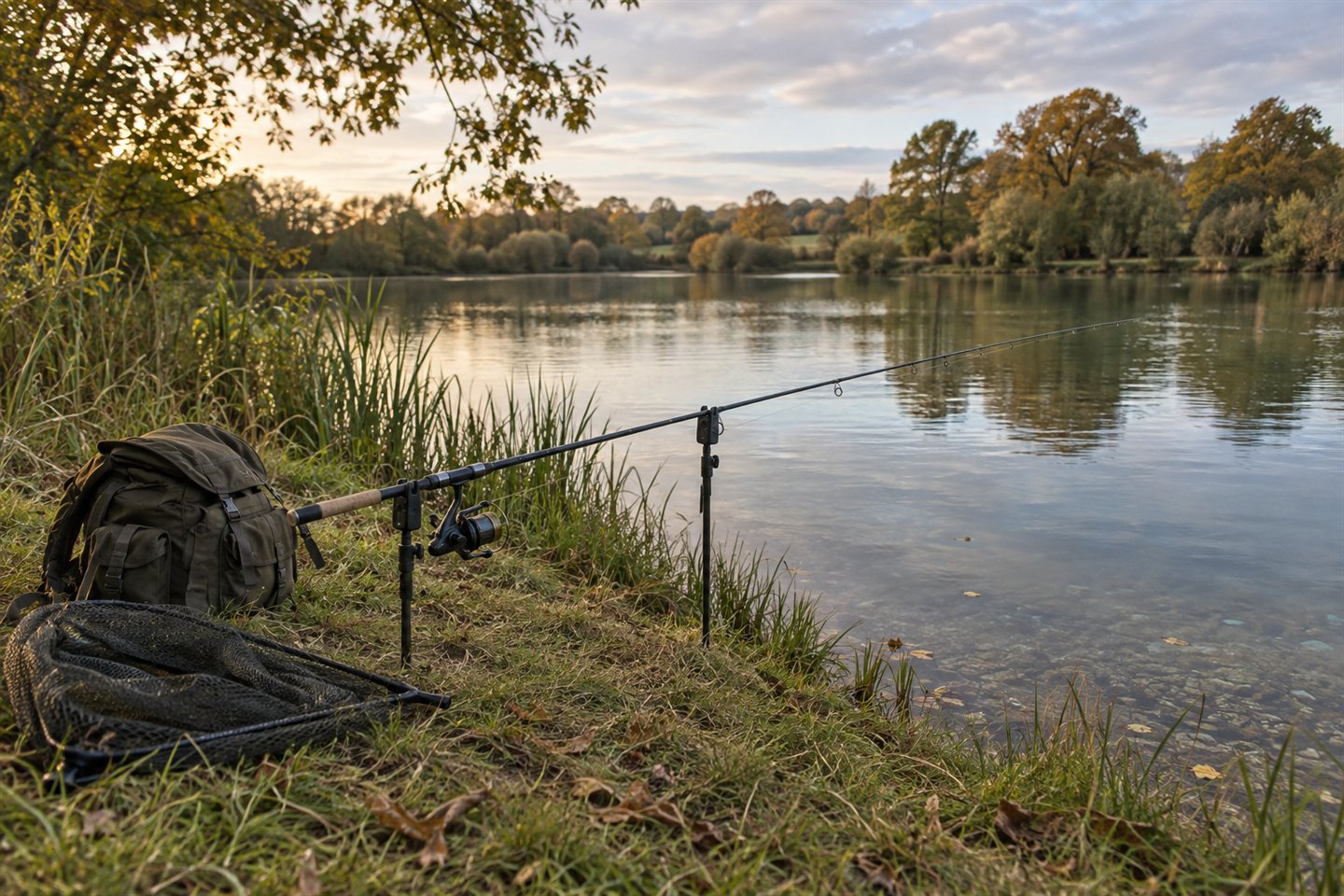 Compact carp fishing tackle, a landing net and one supported rod beside an English lake in late-afternoon light